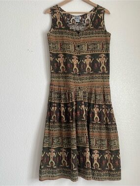 Vintage Trend Basics tribal pattern drop waist pleated skirt sleeveless dress, S